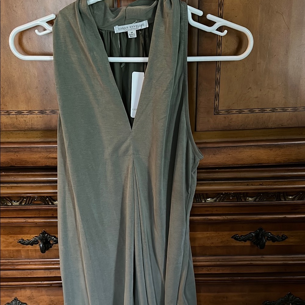 Green Envelope Olive Green Sleeveless V-Neck Draped Women's Top